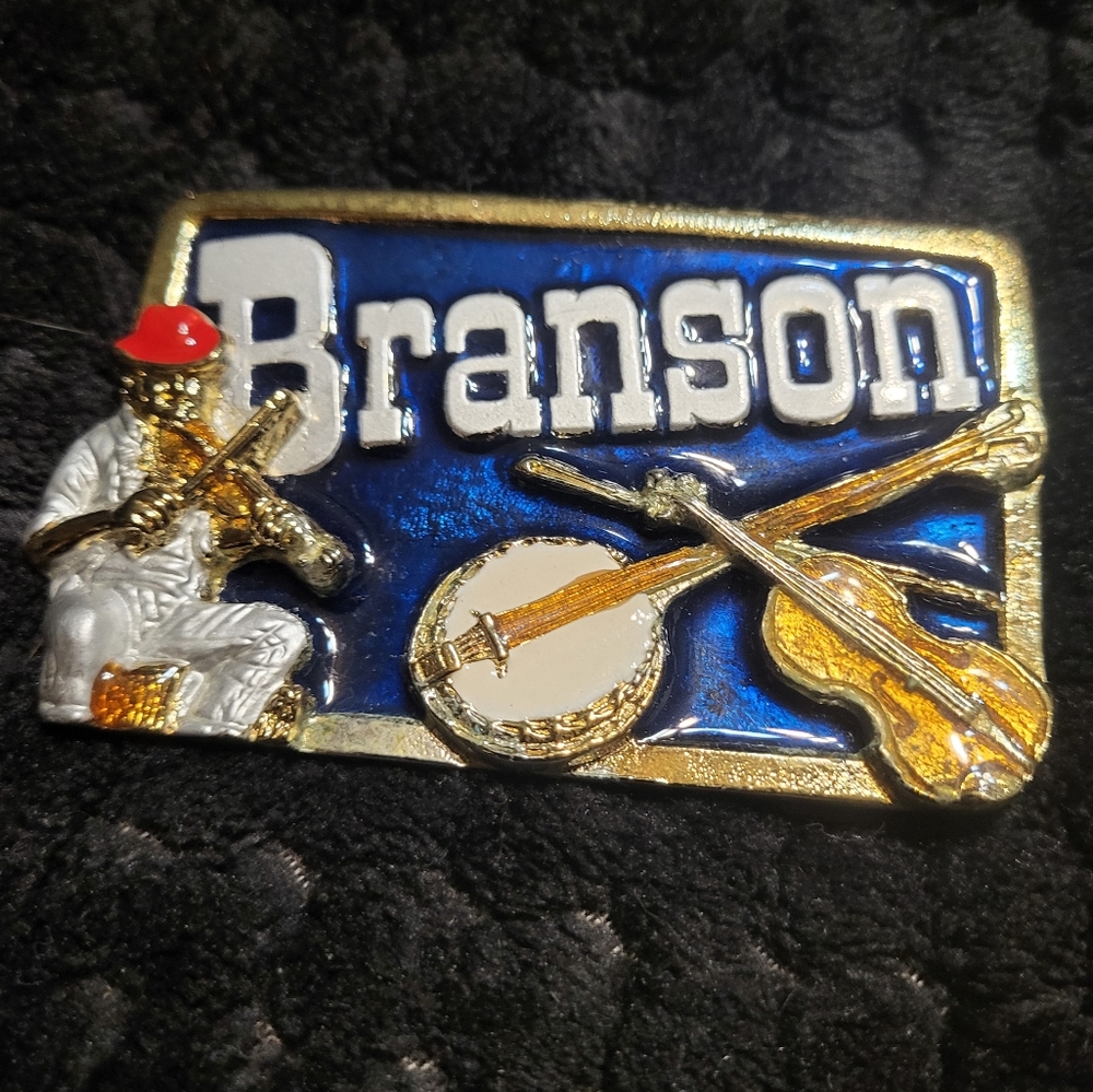 Vintage BRANSON MO Enamel Belt Buckle W USA country music banjo violin fiddle